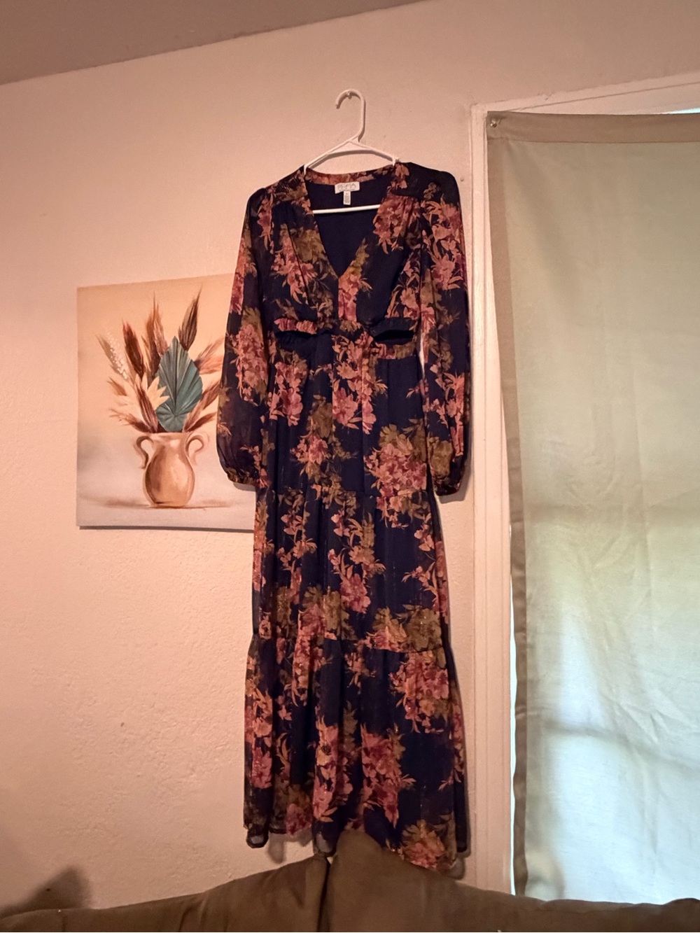 Floral Long Sleeve Maxi Dress - Navy with Pink & Green Floral